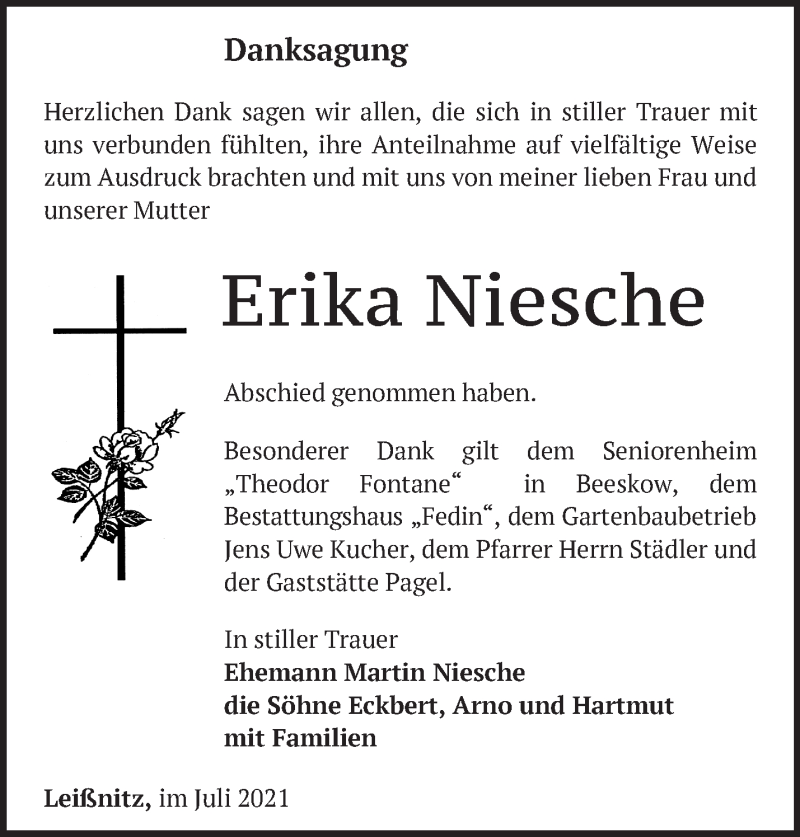  Traueranzeige für Erika Niesche vom 07.08.2021 aus Märkische Oderzeitung