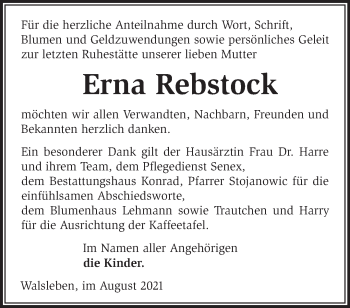 Traueranzeige von Erna Rebstock von Märkische Oderzeitung