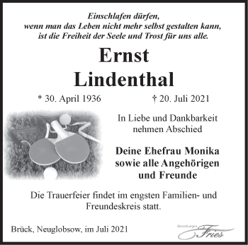 Traueranzeige von Ernst Lindenthal von Märkische Oderzeitung