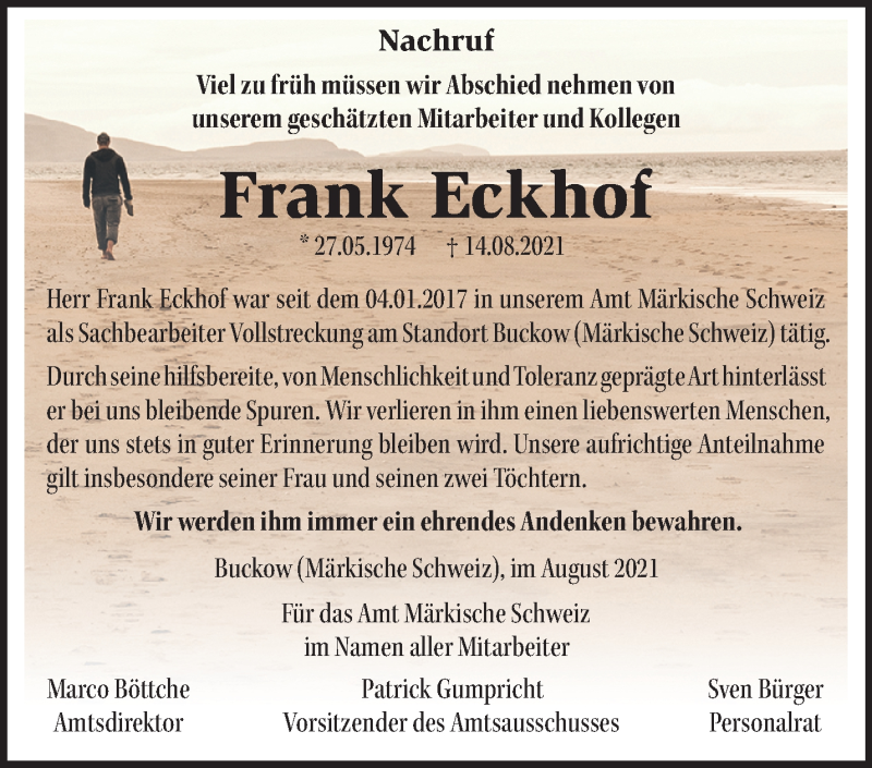  Traueranzeige für Frank Eckhof vom 28.08.2021 aus Märkische Oderzeitung