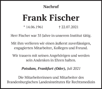 Traueranzeige von Frank Fischer von Märkische Oderzeitung