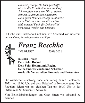 Traueranzeige von Franz Reschke von Märkische Oderzeitung