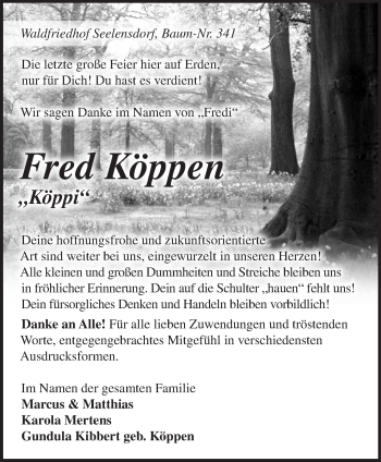 Traueranzeige von Fred Köppen von Märkische Oderzeitung