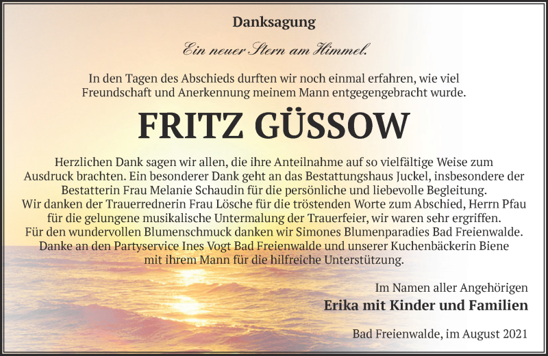  Traueranzeige für Fritz Güssow vom 21.08.2021 aus Märkische Oderzeitung