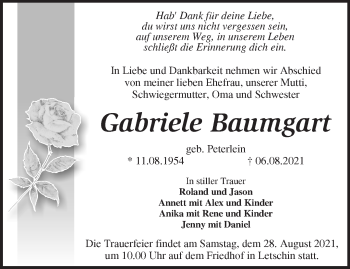 Traueranzeige von Gabriele Baumgart von Märkische Oderzeitung