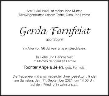 Traueranzeige von Gerda Fornfeist von Märkische Oderzeitung