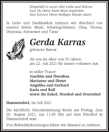 Traueranzeige von Gerda Kauas von Märkische Oderzeitung