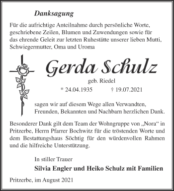 Traueranzeige von Gerda Schulz von Märkische Oderzeitung