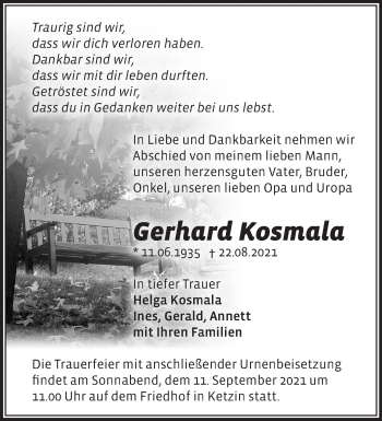 Traueranzeige von Gerhard Kosmala von Märkische Oderzeitung