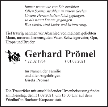 Traueranzeige von Gerhard Prömel von Märkische Oderzeitung