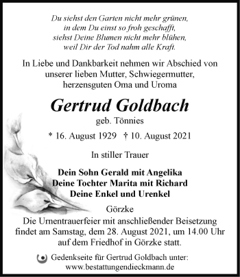 Traueranzeige von Gertrud Goldbach von Märkische Oderzeitung