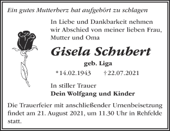 Traueranzeige von Gisela Schubert von Märkische Oderzeitung