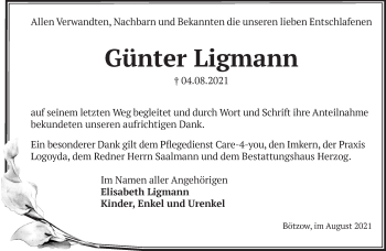 Traueranzeige von Günter Ligmann von Märkische Oderzeitung