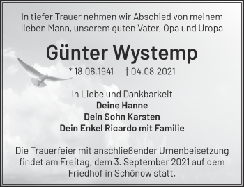 Traueranzeige von Günter Wystemp von Märkische Oderzeitung