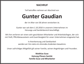 Traueranzeige von Gunter Gaudian von Märkische Oderzeitung