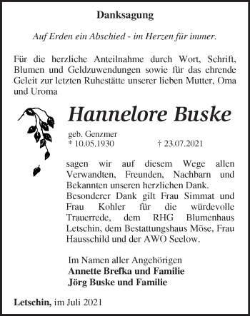 Traueranzeige von Hannelore Buske von Märkische Oderzeitung