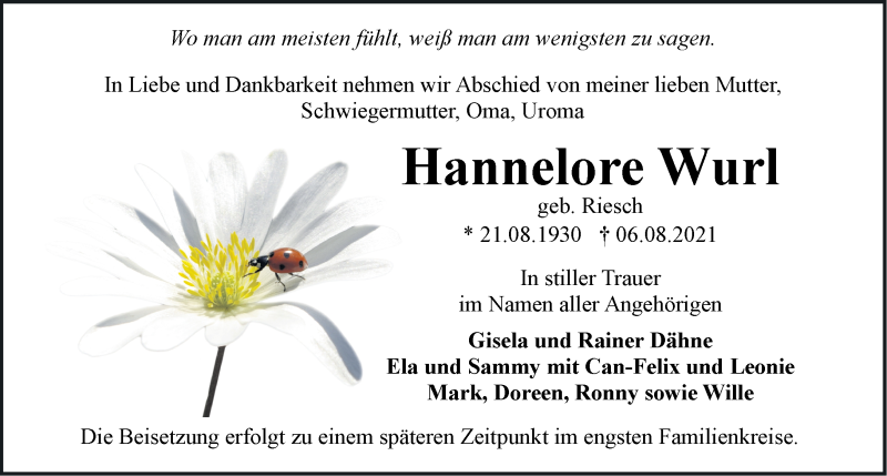  Traueranzeige für Hannelore Wurl vom 21.08.2021 aus Märkische Oderzeitung