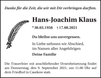 Traueranzeige von Hans-Joachim Klaus von Märkische Oderzeitung