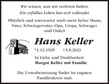 Traueranzeige von Hans Keller von Märkische Oderzeitung