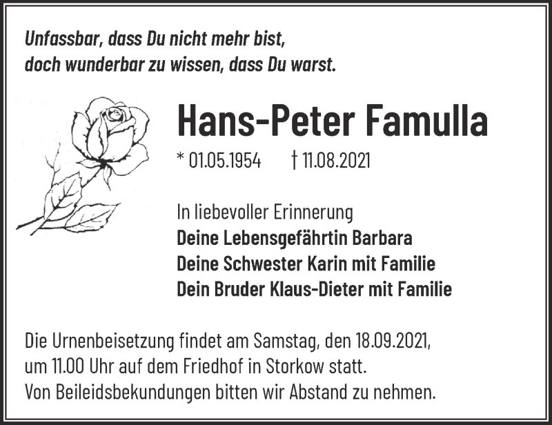  Traueranzeige für Hans-Peter Famulla vom 21.08.2021 aus Märkische Oderzeitung