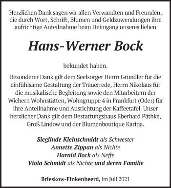 Traueranzeige von Hans-Werner Bock von Märkische Oderzeitung