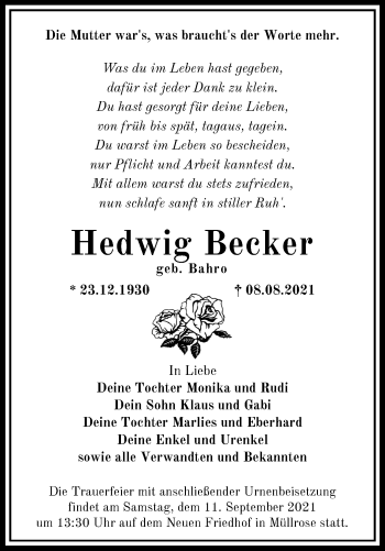 Traueranzeige von Hedwig Becker von Märkische Oderzeitung