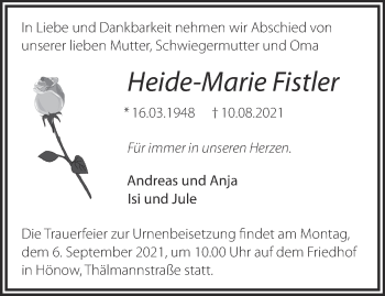 Traueranzeige von Heide-Marie Fistler von Märkische Oderzeitung