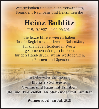 Traueranzeige von Heinz Bublitz von Märkische Oderzeitung