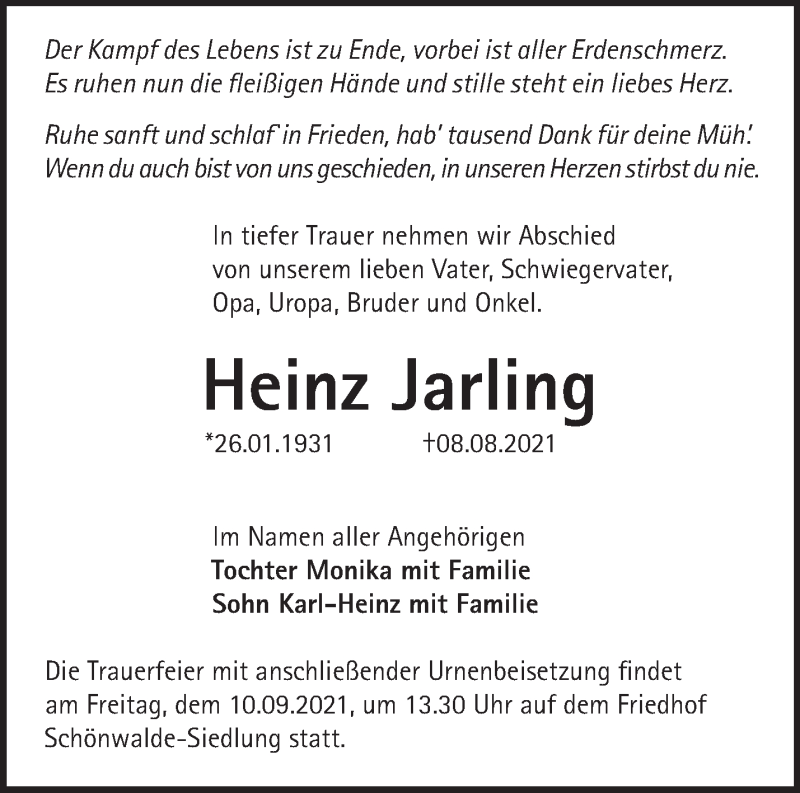  Traueranzeige für Heinz Jarling vom 29.08.2021 aus Märkische Oderzeitung