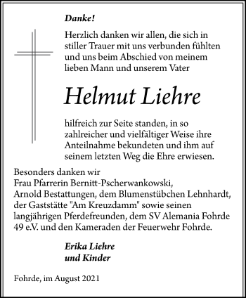 Traueranzeige von Helmut Liehre von Märkische Oderzeitung