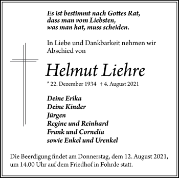 Traueranzeige von Helmut Liehre von Märkische Oderzeitung