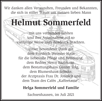 Traueranzeige von Helmut Sommerfeld von Märkische Oderzeitung