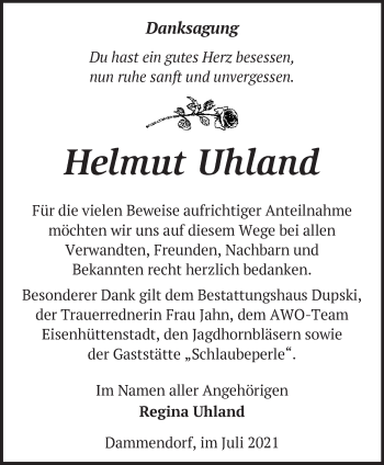 Traueranzeige von Helmut Uhland von Märkische Oderzeitung