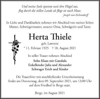 Traueranzeige von Herta Thiele von Märkische Oderzeitung