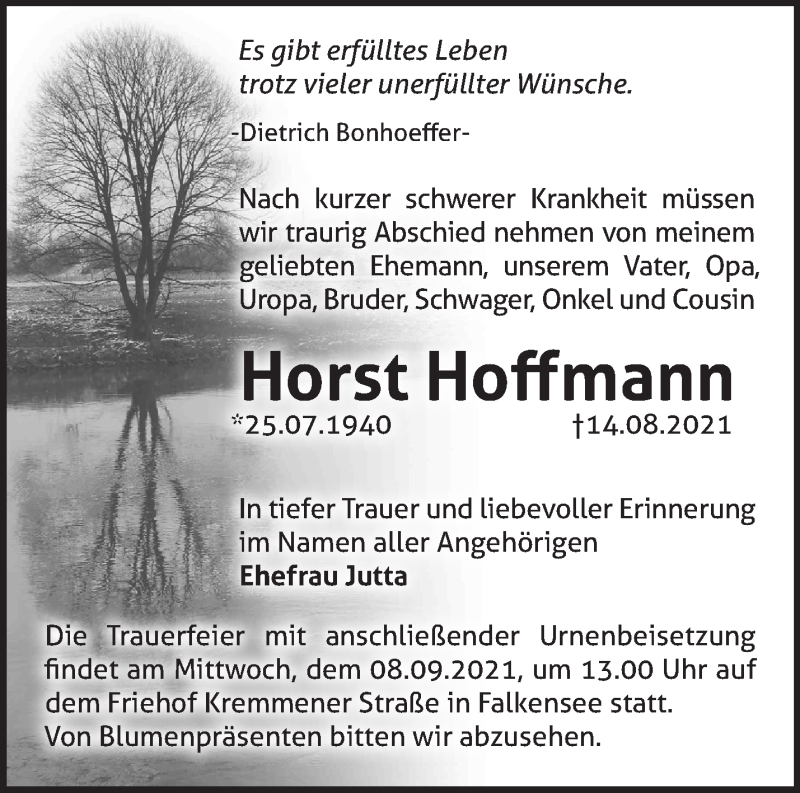  Traueranzeige für Horst Hoffmann vom 29.08.2021 aus Märkische Oderzeitung