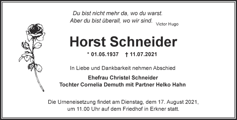  Traueranzeige für Horst Schneider vom 11.08.2021 aus Märkische Oderzeitung