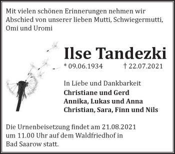 Traueranzeige von Ilse Tandezki von Märkische Oderzeitung