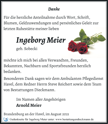 Traueranzeige von Ingeborg Meier von Märkische Oderzeitung