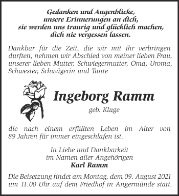 Traueranzeige von Ingeborg Ramm von Märkische Oderzeitung