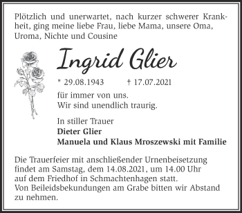 Traueranzeige von Ingrid Glier von Märkische Oderzeitung