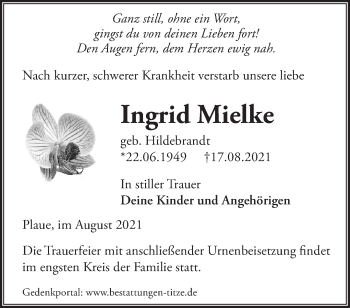 Traueranzeige von Ingrid Mielke von Märkische Oderzeitung