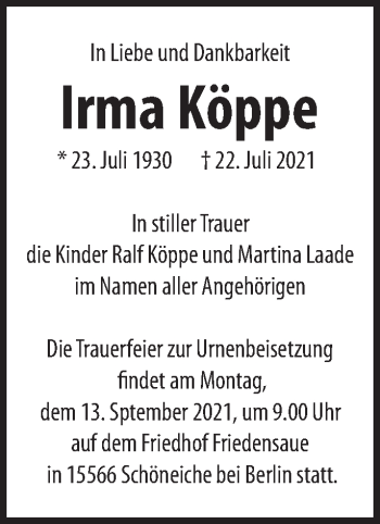 Traueranzeige von Irma Köppe von Märkische Oderzeitung