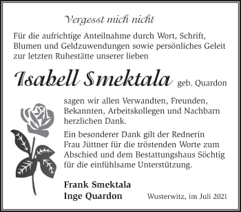 Traueranzeige von Isabell Smektala von Märkische Oderzeitung