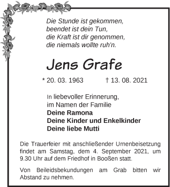 Traueranzeige von Jene Grafe von Märkische Oderzeitung