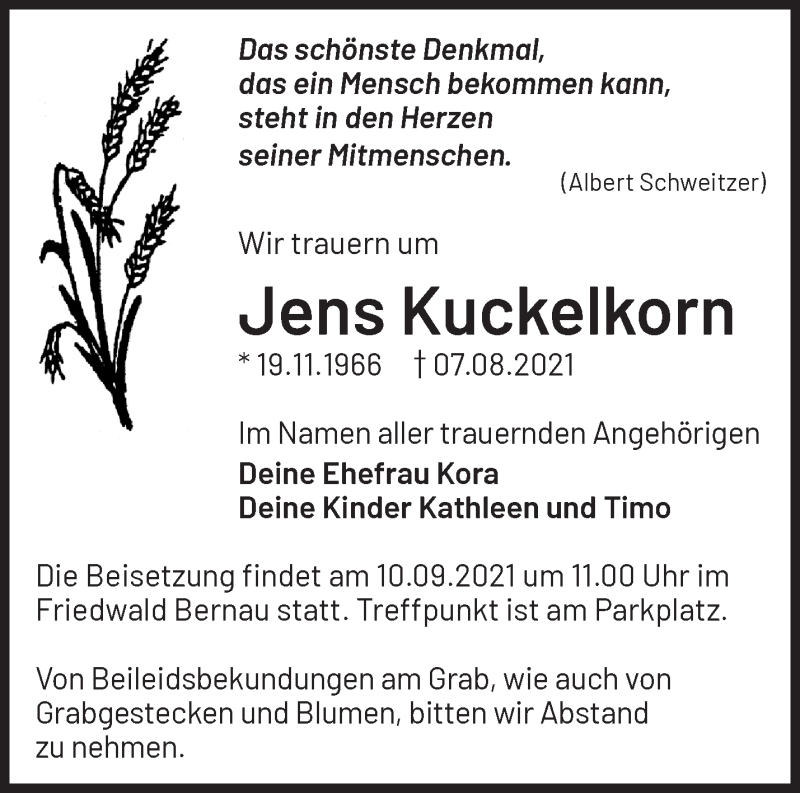  Traueranzeige für Jens Kuckelkorn vom 21.08.2021 aus Märkische Oderzeitung