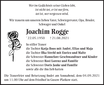 Traueranzeige von Joachim Rogge von Märkische Oderzeitung