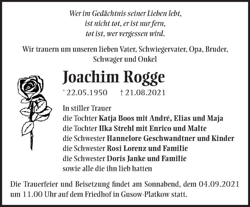  Traueranzeige für Joachim Rogge vom 28.08.2021 aus Märkische Oderzeitung