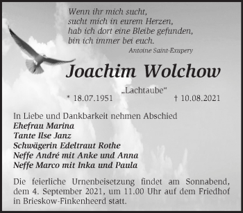 Traueranzeige von Joachim Wolchow von Märkische Oderzeitung