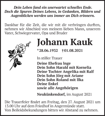 Traueranzeige von Johann Kauk von Märkische Oderzeitung