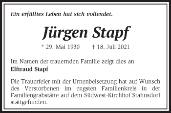 Traueranzeige von Jürgen Stapf von Märkische Oderzeitung